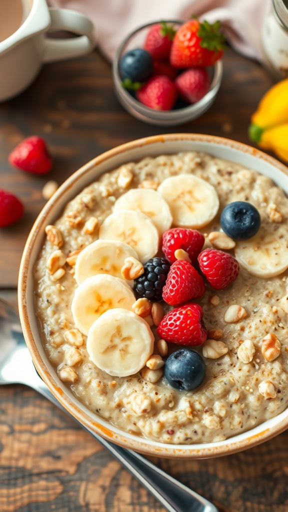 A bowl of quinoa oatmeal topped with berries and banana slices on a wooden table.
